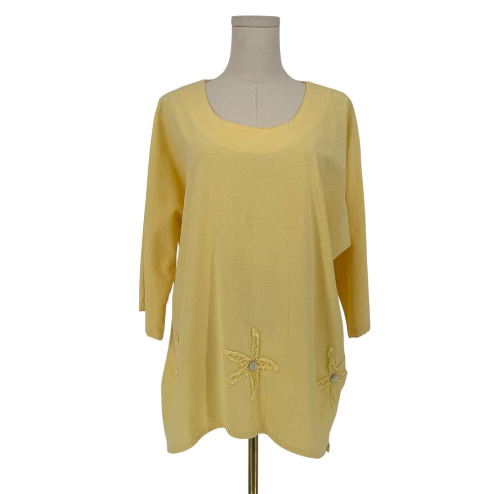 Vintage Butter Yellow Beach Tunic Top, Starfish Embroidered Cotton LS Shirt XL